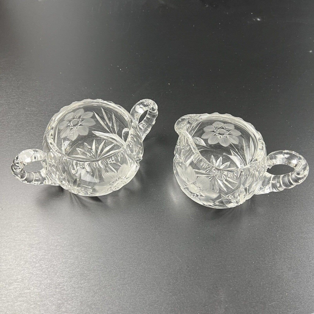 Exquisite Antique ABP Cut Glass Cream Sugar Set American Brilliant Period HEAVY